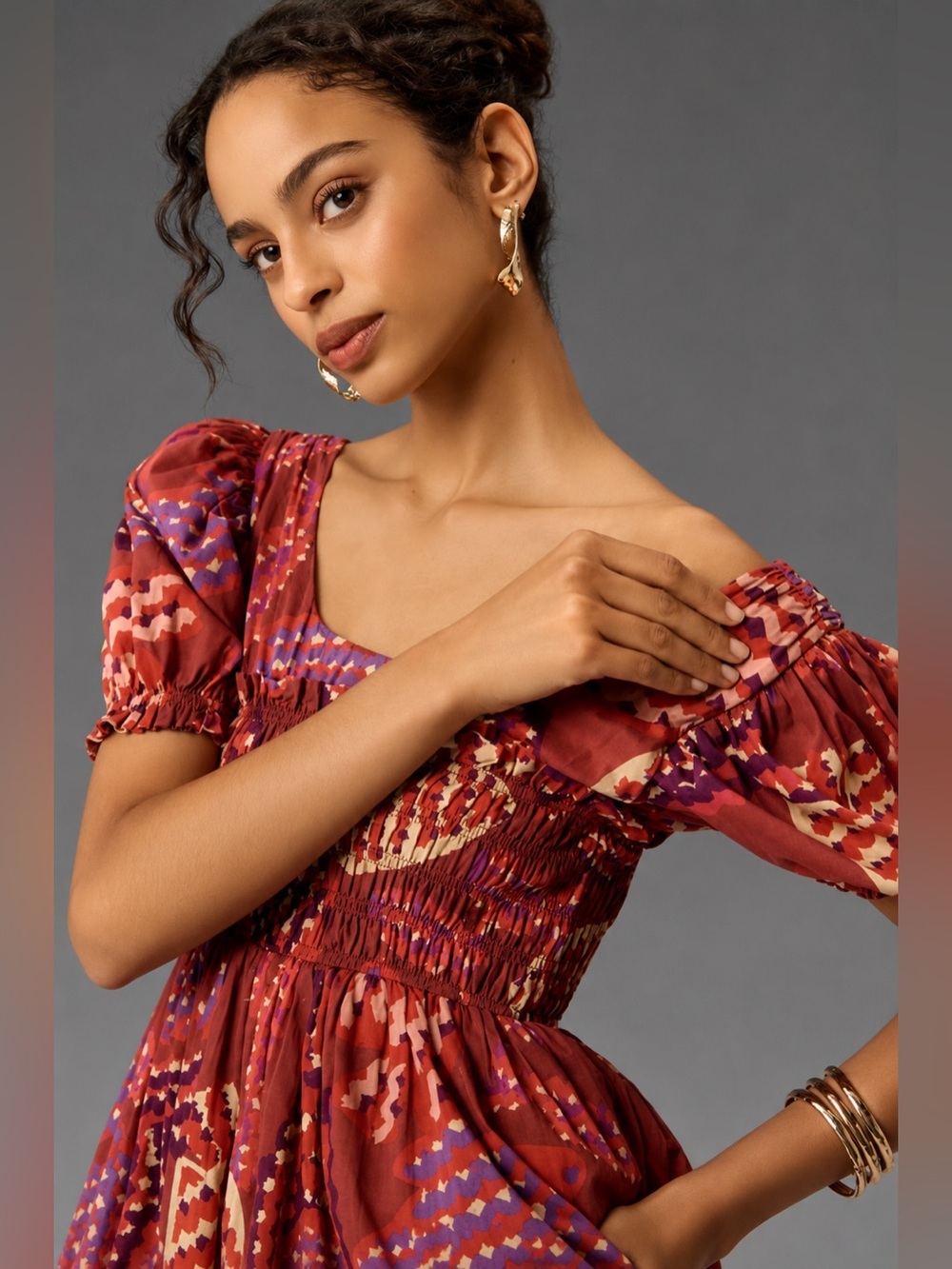Farm Rio * Anthropologie Puff Sleeve Smocked Maxi Dress - Picture 3 of 13